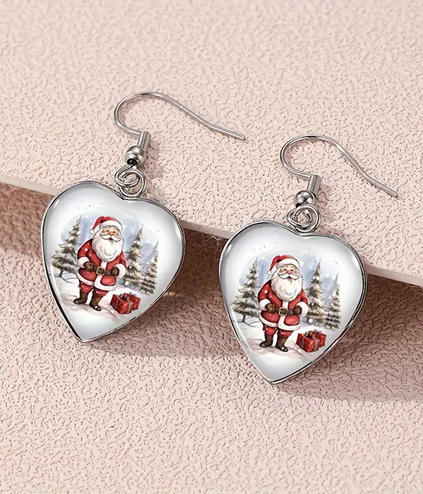 Christmas theme puffy glass heart earring - santa