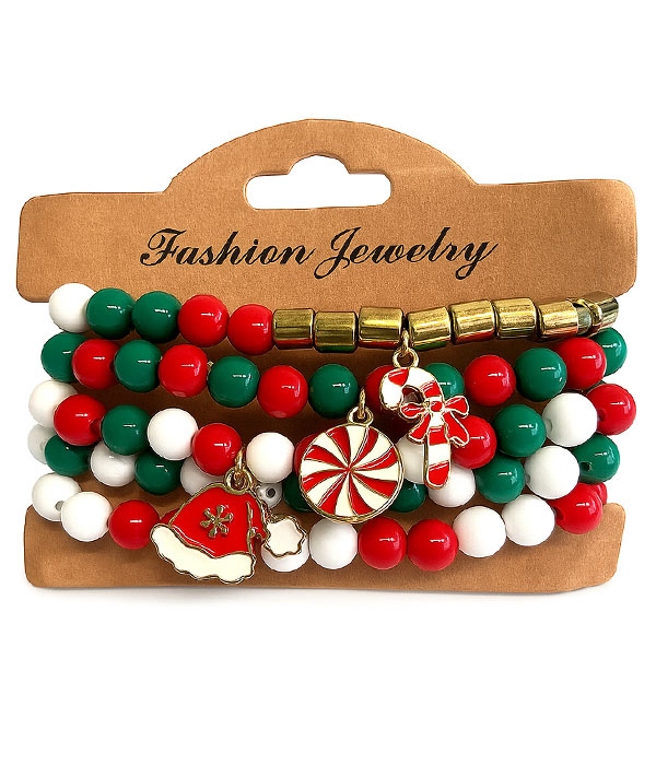 Christmas theme multi bead mix 5 stretch bracelet set - candy cane santa hat