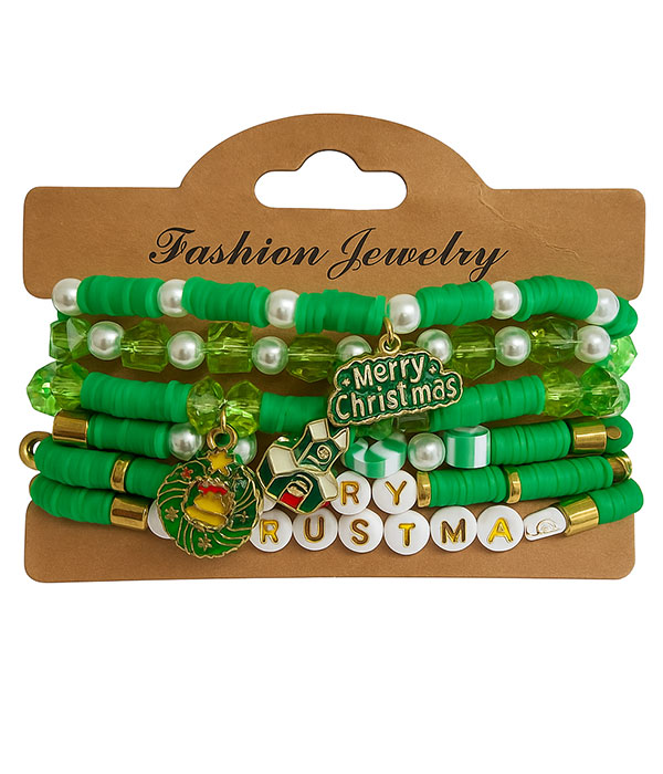 Christmas theme multi bead mix 6 stretch bracelet set - merry christmas
