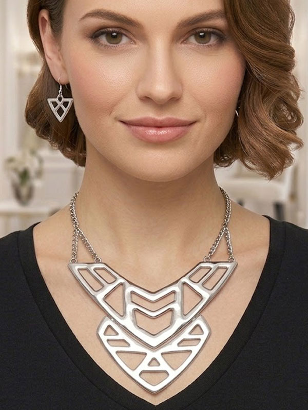 Geometric cut out tribal style statement necklace set