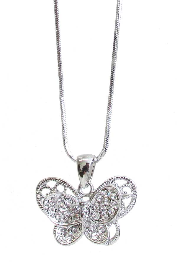 Made in korea whitegold plating crystal double butterfly pendant necklace