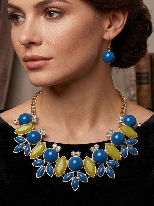 Multi shape acrylic stone and crystal deco link statement necklace earring set