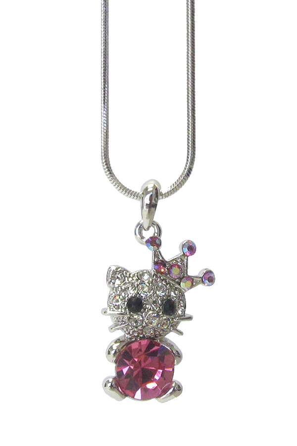 Made in korea whitegold plating crystal cat pendant necklace