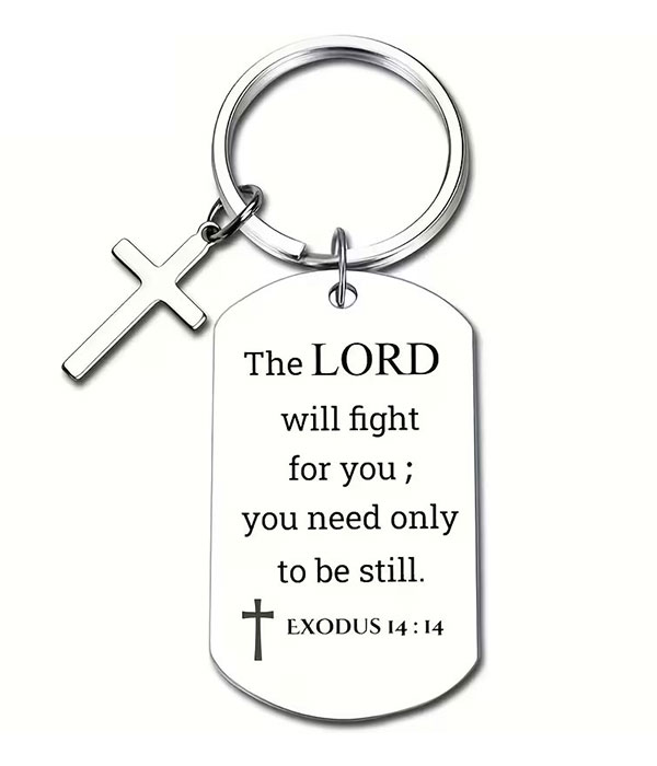 Stainless steel religious inspiration dog tag key chain - exodus 14:14