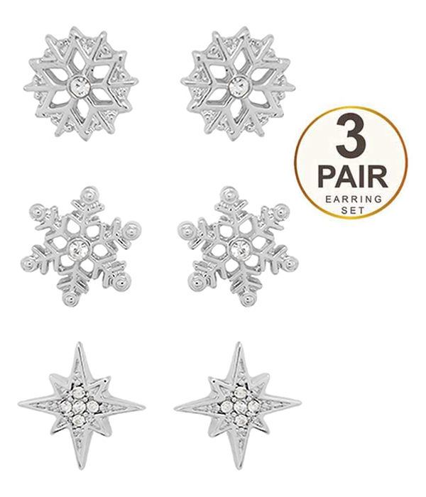 CHRISTMAS THEME 3 PAIR EARRING SET - SNOWFLAKE