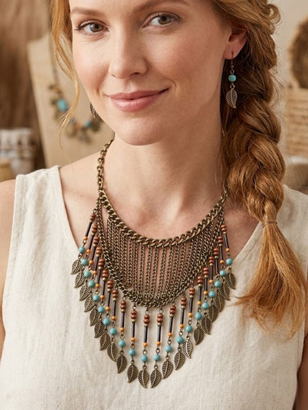 Frindge leaf drop statement necklace set