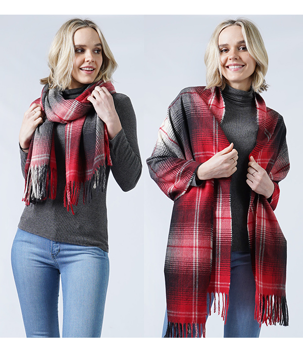 PLAID SOFT BLANKET SCARF WITH TASSEL - 100% POLYESTER