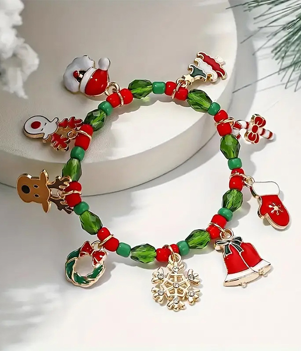Christmas theme multi charm stretch bracelet - reindeer snowflake