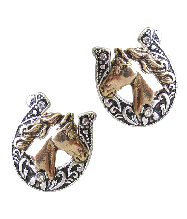 Metal horse and horse shoe earring