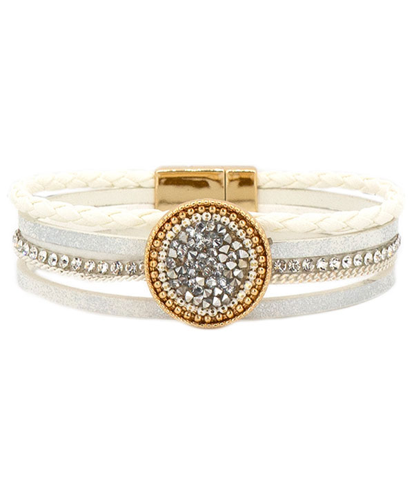 Crystal mix disc and multi leatherette magnetic bracelet