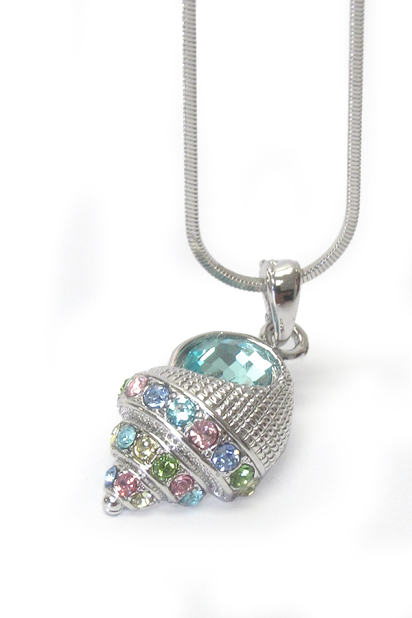 Made in korea whitegold plating multi color crystal concho shell pendant necklace