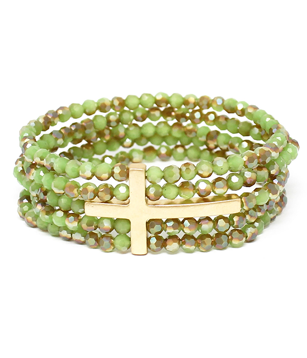 Cross and multi facet stone 5 layer stretch bracelet