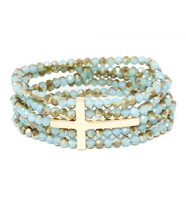 Cross and multi facet stone 5 layer stretch bracelet