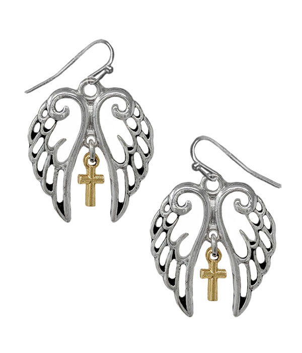 Cross dangle angel wing earring