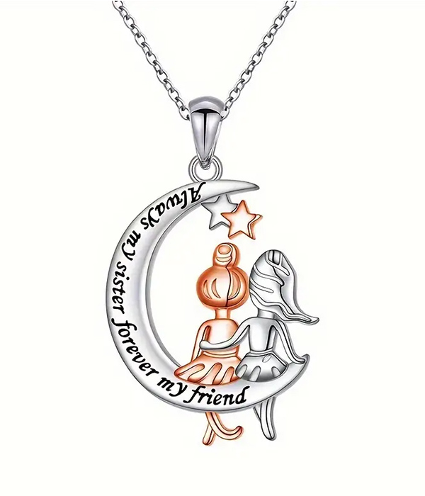 Sisters on crescent moon pendant necklace