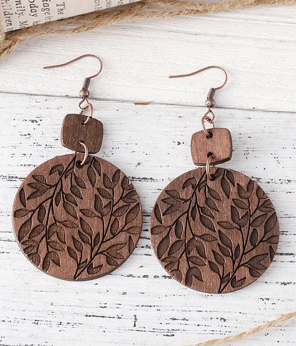 Leaf carved wood disc earring