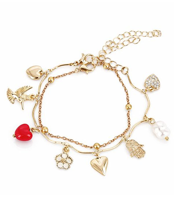 Multi charm double chain bracelet set - heart humming bird