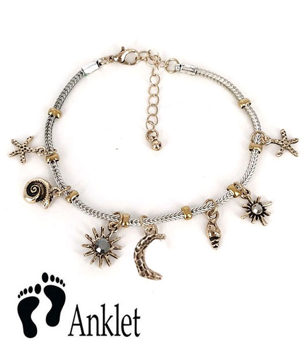 Multi charm snake chain anklet - sun moon starfish
