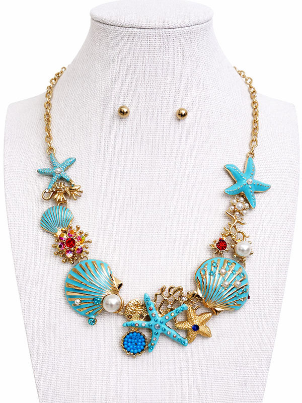 Sealife theme epoxy starfish and shell link necklace