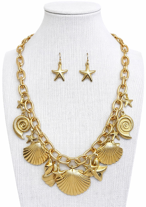 Sealife theme multi charm chain necklace - starfish shell