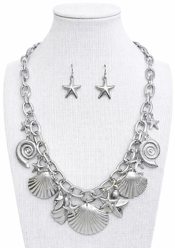 Sealife theme multi charm chain necklace - starfish shell