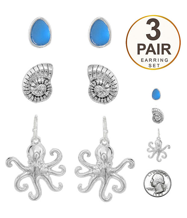 3 pair octopus shell earring set