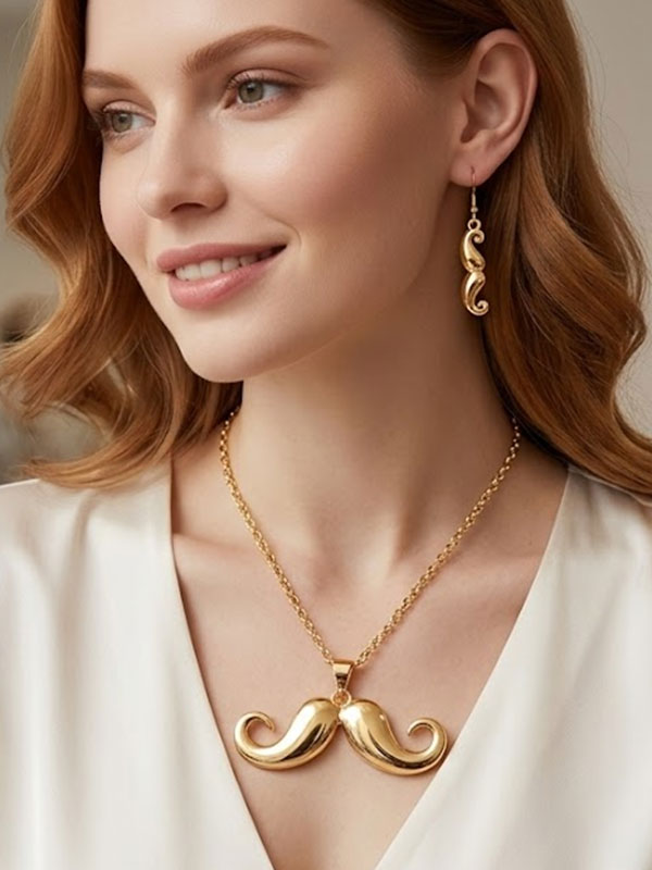 Metal mustache statement necklace earring set