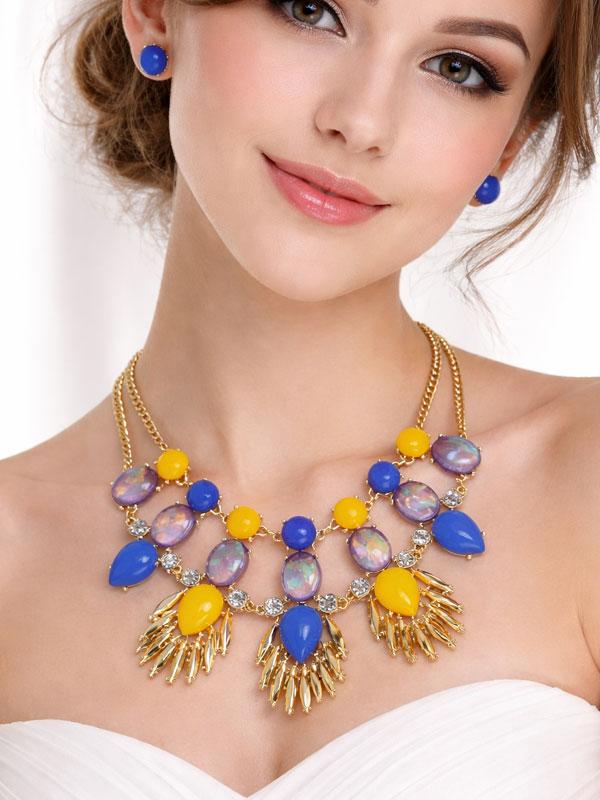 Crystal and puffy acrylic stone deco cocktail necklace earring set - shourouk inspired