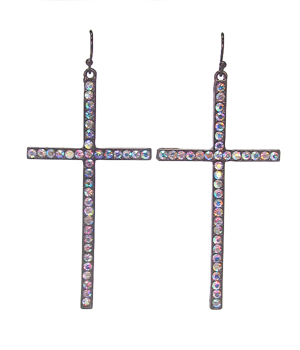 Crystal long cross earring