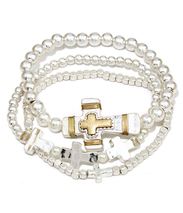 Cross and seedbead 3 stretch bacelet set