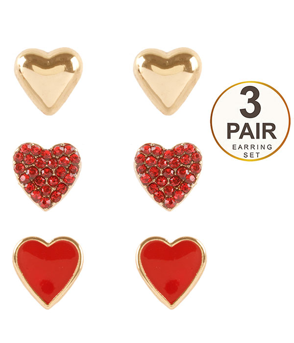 Valentine heart 3 pair earring set