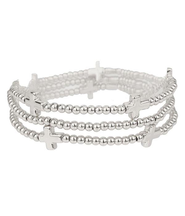 Cross and ball bead triple stretch bracelet