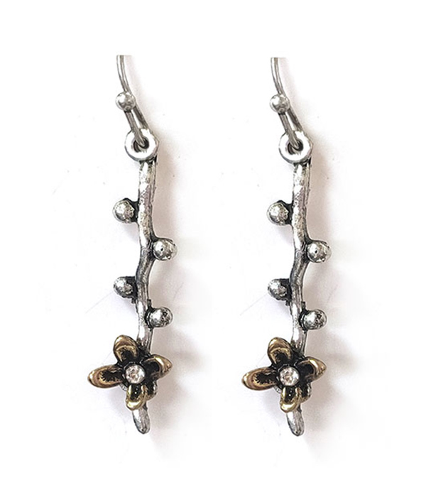 Antique silver flower and stem drop earring