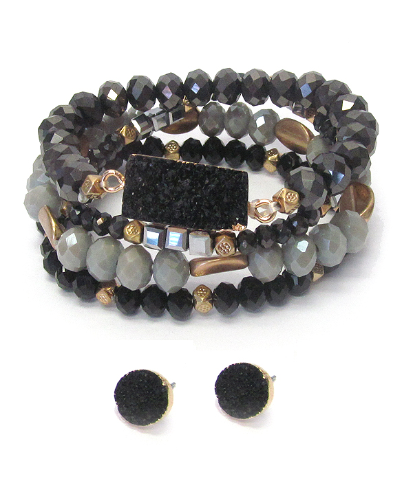 DRUZY AND MIXED SEMI PRECIOUS STONE STRETCH BRACELET AND EARRING SET