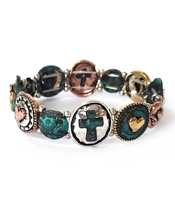 Vintage metal stretch bracelet - patina cross
