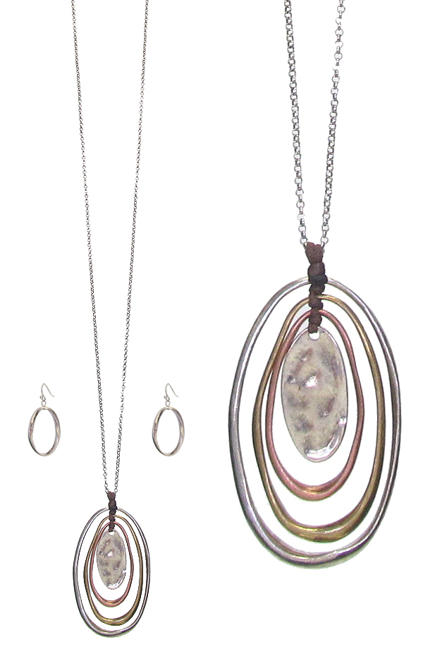 Multi oval ring pendant long necklace set