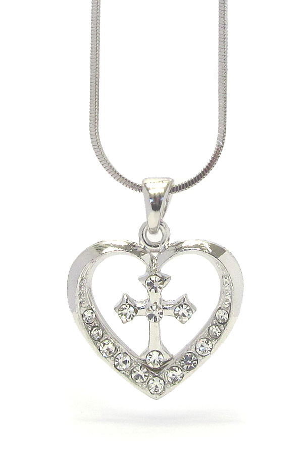 Made in korea whitegold plating crystal cross and heart pendant necklace