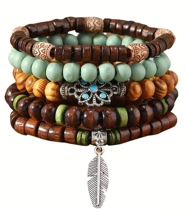 5 wood bead stretch bracelet set