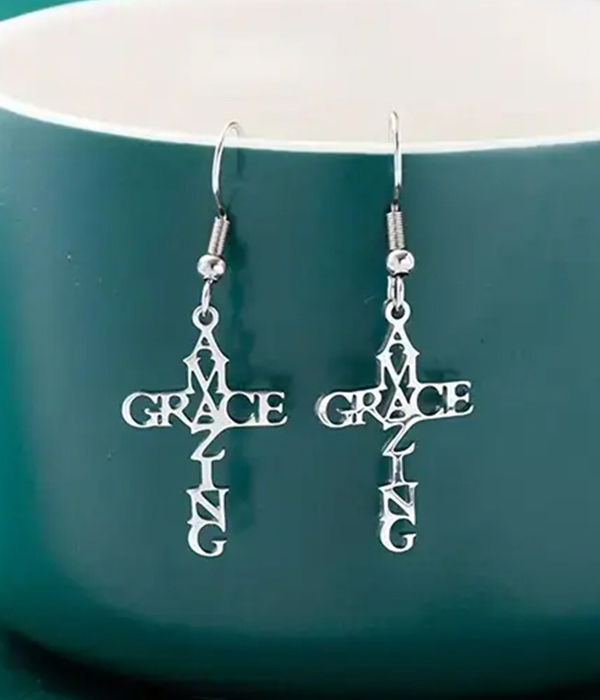 Stainless steel amazing grace cross earring