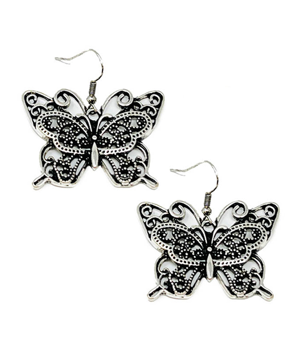 Antique silver metal filigree butterfly earring