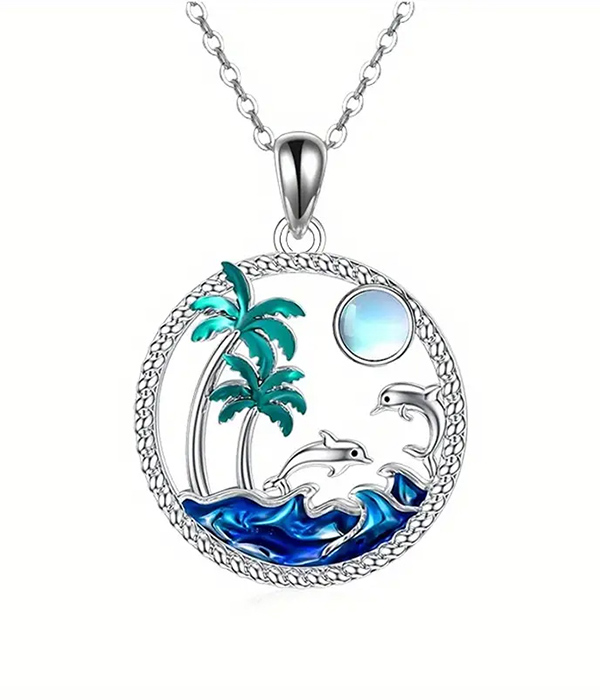 Sealife theme dolphin and wave pendant necklace