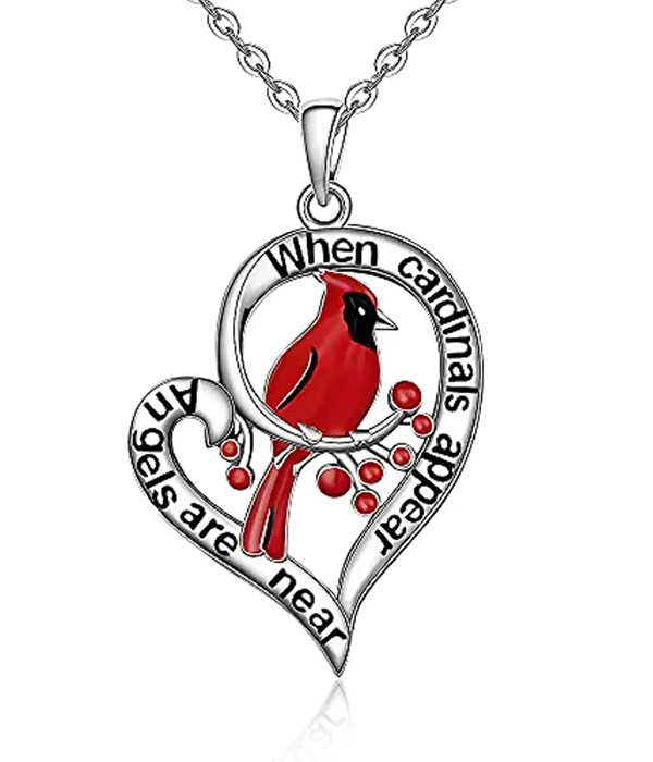 Bird and heart pendant necklace - cardinal