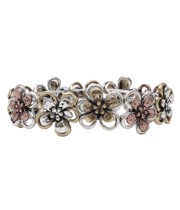 Vintage metal multi flower link stretch bracelet