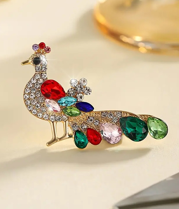 Rhinestone peacock brooch