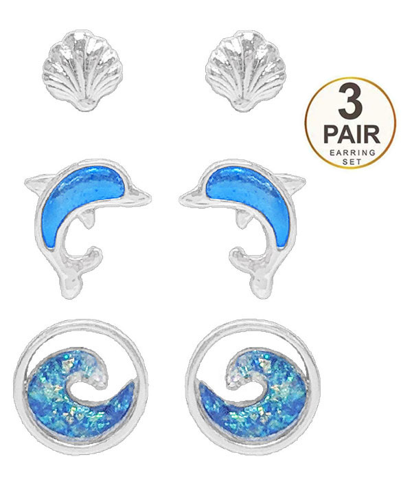 Epoxy and opal 3 pair earring set - dolphin wave