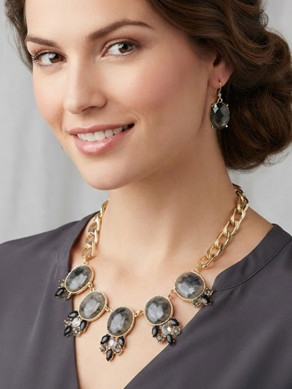 Crystal and natural stone link statement necklace earring set