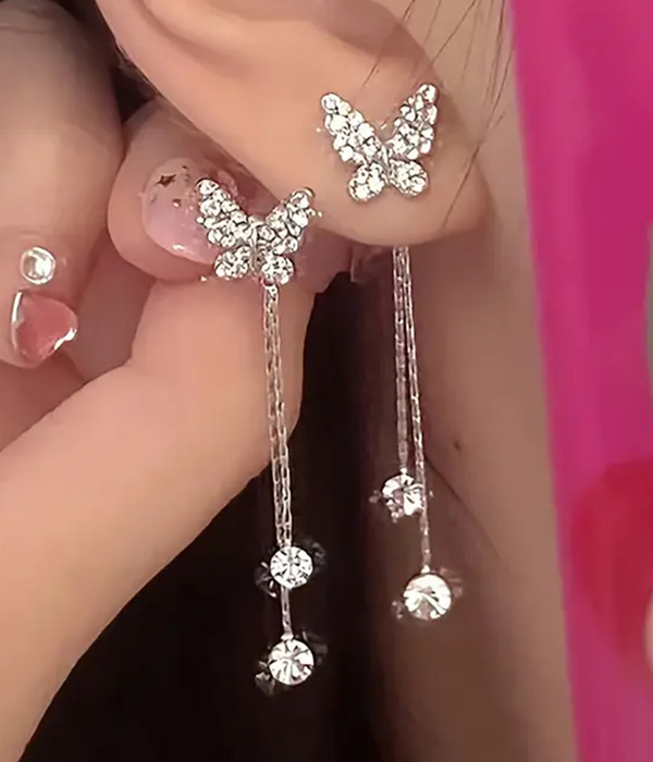 Rhinestone butterfly and tassel drop earring
