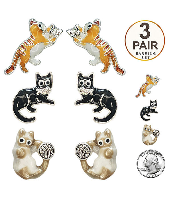 Epoxy cat 3 pair earring set