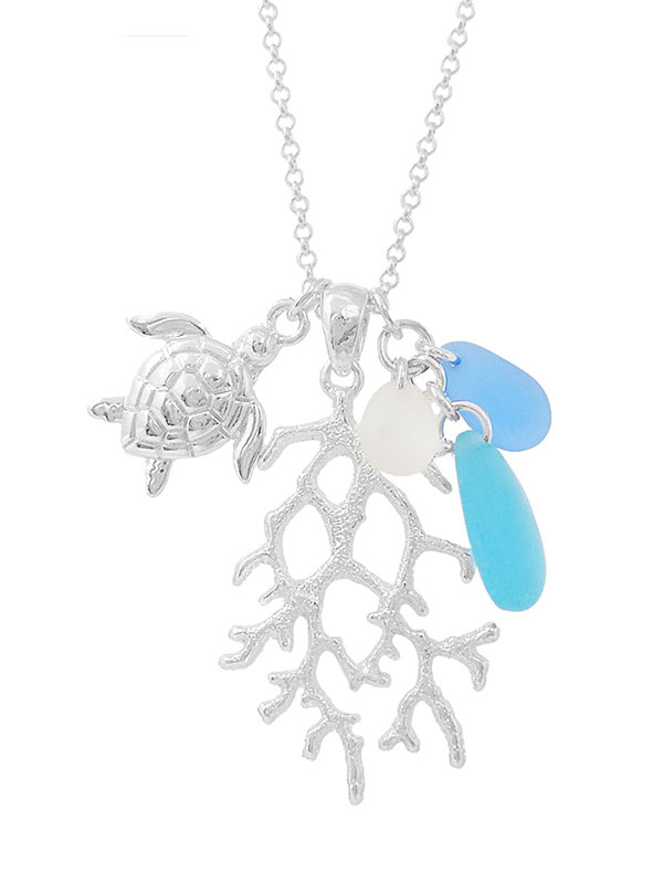Seaglass turtle coral necklace