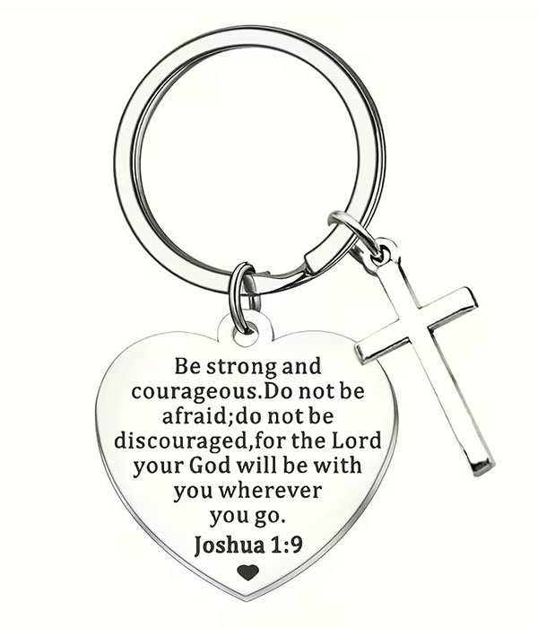 Stainless steel heart and cross key chain - joshua 1:9